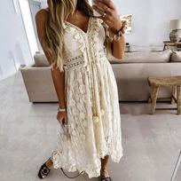 Women's Casual Fashion Color Lace Suspender Big Hem Dress S smėlis