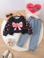 Girls' 2-Piece Set: Long-Sleeve Sweatshirt with Cute Bear and Bow Pattern & Casual Denim Pants (Spring/Autumn/Winter) 4Y
