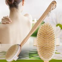 Bath Brush Long Wood Handle  Back Body Shower Bristle  Spa Bathroom beige