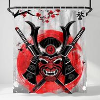 Japanese Samurai Mask Shower Curtain, Bushido Katana & Red Sun Art, Oriental Cherry Blossom Warrior Bathroom Decor Set W60H190(CM)-1 Pcs
