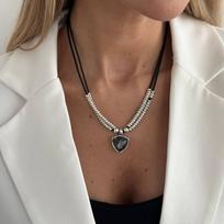 Salircon Trendy Elegant Black Acrylic Rhinestone Heart Pendant Necklace Women Retro Doublelayer Metal Sweater Chain Jewelry Gift