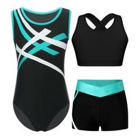 Vaikų gimnastikos ir šokio apranga 3 dalys: Berankovė maudymosi triko ir trumpa liemenė su raktelio skylute ir kryžiumi nugaroje + Derančios trumpikės 5-6 Years blue