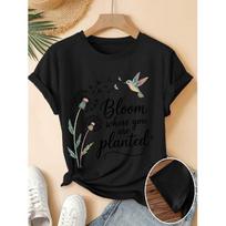 Women's Elegant Short-Sleeve Gift with Dandelion and Hummingbird Motivational Floral Print Pattern, Vintage Round Neck T Fresh and natural style S juoda