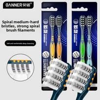 High end spiral bristles in toothbrushes for deep oral cleaning, wave shaped adult men's household hard bristle toothbrushes mėlyna