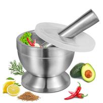 Stainless Steel Mortar And Pestle Set Kitchen Spice Grinder Pill Crusher With Lid Heavy Duty Pesto Powder Herb Bowl sidabras