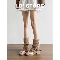 Thick Heeled Square Toed Cool Boots for Women, New Summer Roman Sandals, Stacked Boots, Pants, Short Boots 38 white