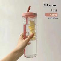 Hot Plastic Water Bottle with Straw Fruit Infuser Tea Juice Cup Fitness Outdoor Travel Bottles Kettle Transparent Straw Cup yuzi 700ml rožinė