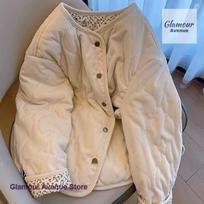 Korean Style Design Corduroy Mosaic Floral Diamond padded Jacket Coat Women's Winter New Loose Wild Cotton-padded Clothes S
