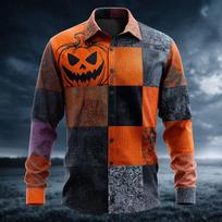 Halloween Costumes Men's Color Block Pumpkin Patchwork Shirt Button Up Shirt Long Sleeve Casual Outdoor 3D Print Collared Shirt S