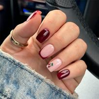 Short Square Fakes Nail French Wine Red Cherrys Design ABS Material For Daily Wear 1