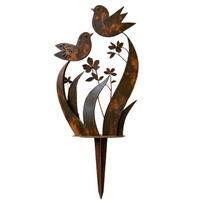 Wrought Iron Bird & Wildflower Garden Stake Decorative Garden Branch Bird Ground Stakes with Real Rust Finish Country Style