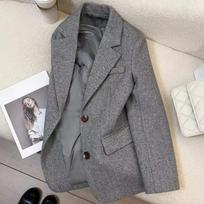 Grey Herringbone pattern Woolen Suit Jacket for women Autumn Winter Retro Commuting Casual Top Female Single Breasted S pilka