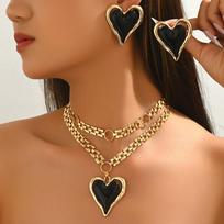 Gold Color Heart Jewelry Set Enamel Heart Double-Layer Chain Heart Pendant Necklace Red Peach Heart Chunky Chain juoda