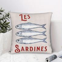 Short Plush “Les Sardines” Nautical Pillowcase 18x18 Inch Double Sided Printed Zipper Cushion Cover Vintage Seafood Decor 1PCS