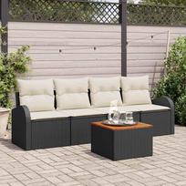 5 Piece Garden Sofa Set with Cushions Black Poly Rattan