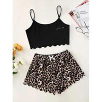 Women's Pajamas Set Sexy Lingerie Leopard Print Sling Sleepwear V-Neck Sleeveless Top and Shorts Sets Pyjamas Homewear S leopardas