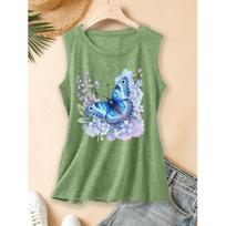 2026 Vintage Ink Floral Monarch Butterfly Print Women Sleeveless Vest Round Neck Daily Commute Spring Summer Autumn Tank Top S žolės žalia spalva