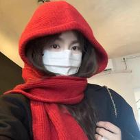 Knitted Winter Balaclava One-Piece Thickened Scarf Cap Hooded Hat Winter Accessories Neck Protection Scarf Unisex Wear raudona