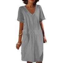 Women Summer Dress V Neck Short Sleeves Knee-Length Dress Casual Daily Wear Midi Dress S