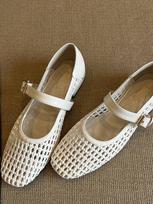 Avikailio versija~ Natūralios odos nišiniai retro tinklelio pinti sekliapadžiai vienos sagties moteriški plokščiapadžiai Mary Jane tipo batai 39 gray