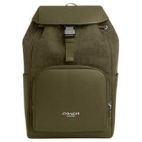 Coach Olive Green Signature Canvas Leather Trim Large Flap Backpack for Daily Use Basic Set (Bag+Dust Bag)