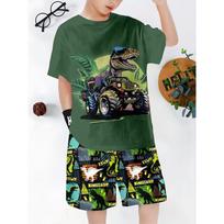 Children's Set Boys Dinosaur Excavator Pattern T-Shirt Shorts Set Summer Outdoor Sports Short Sleeve Children's Clothing Tops 110