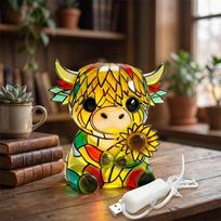 Resin Sunflower Highland Cow LED Night Light W/ USB Ports Colorful Table Lamp for Home Office Bedroom Living Room Desk Decor China Mainland