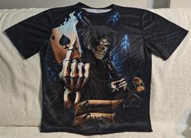 GRIM REAPER ACE SPADES CARD FLAME GUN GAME OVER SKULL HORROR SCARY T-shirt Tops Tees Unisex 3XL