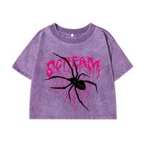 Woman Cotton Crop Washed T-Shirts Scream Spiders Cobwebs Prints Tee Shirts Oversize O-Neck Distressed Tops Clothes M