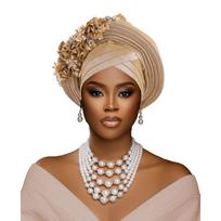African Turban Cap Nigeria Flowers Head Wraps for Wedding Party Headpiece chaki