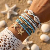 7Pcs Bohemia Multilayer Ocean Style Starfish Shell Beads Bracelets For Women Beach Vacation Stretchy Strand Chain Bangle Jewelry brown