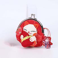 Japanese Style Maneki Neko Coin Purse Flower Printing Lucky Cat Clutch Bag Wallets Storage Bag Card Holder Outdoor raudona