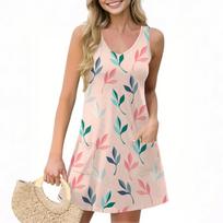 Women's Casual Summer Vest Dress With Pockets Floral Print V Neck Sleeveless Dress L