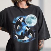 Three Orca Whale Howling to The Moon Shirt, Retro Moon Galaxy Ocean Tee, Killer Whale Cosmic Top, 90s Ocean Wildlife Lightning Tee XL