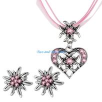 HX6F Fashion Earrings Necklaces Set for Women Heart Shaped Crystal Pendant Necklace Edelweiss Clavicle Chain Wedding Gift