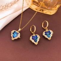 Luxury Colorful Crystal Ocean Heart Necklace Earrings For Women Trendy Stainless Steel Jewelry Set Female Wedding Neck Chain