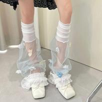 Flower Lace Mesh Splicing Leg Sleeves Harajuku Kawaii Layered Ruffle Boot Cover Cuffs Y2K Lolita JK Sheer Leg Warmers Summer 35-39 mėlyna