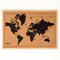 milimetrado Pasaulio žemėlapio kamštinė lenta su mediniu rėmu, juodos ir rudos spalvos, 70x50 cm