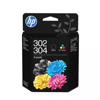 HP 302/304 spalvotų ir juodų rašalo kasečių rinkinys 2 vnt., juoda, žydra, purpurinė, geltona, pigmentinis rašalas, dažų rašalas, 2 vnt., 120 puslapių