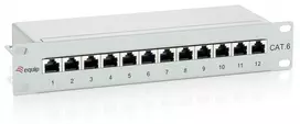Equip 12 prievadų Cat.6 ekranuotas pataisos skydelis, šviesiai pilkas, RJ-45, auksuotas, Cat6, montavimui į stovą, 1U, pilkas