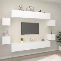 Televizoriaus spintelių komplektas, 8 dalių, baltas, mediena