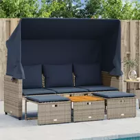 Sodo sofa, 3 vietų, su stogeliu ir taburetėmis, pilka, poliratanas