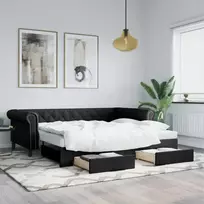 Ištraukiama lova su stalčiais, juoda, 90x200cm, dirbtinė oda