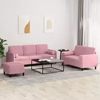 Sofos komplektas su pagalvėmis, 3 dalių, rožinis, aksomas