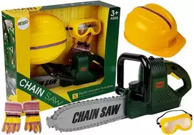 LEAN TOYS Įrankių rinkinys su pjūklu, baterijomis, šalmu, pirštinėmis ir apsauginiais akiniais