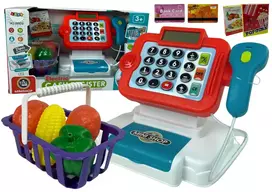 LEAN TOYS Vaikiškas kasos aparatas su skaičiuotuvu ir daržovių krepšeliu
