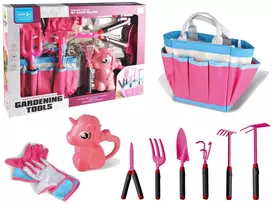 LEAN TOYS Sodų rinkinys su krepšiu, įrankiais, pirštinėmis ir grėbliais Pink Unicorn