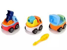 LEAN TOYS 3 statybinių mašinų rinkinys su atsuktuvu: betono maišyklė, kranas, savivartis