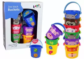 LEAN TOYS Spalvotų kibirėlių rinkinys su gyvūnėliais – piramidė