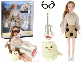 LEAN TOYS Lėlė Emily su gitara, akiniais, ilgais šviesiais plaukais ir kačiuku